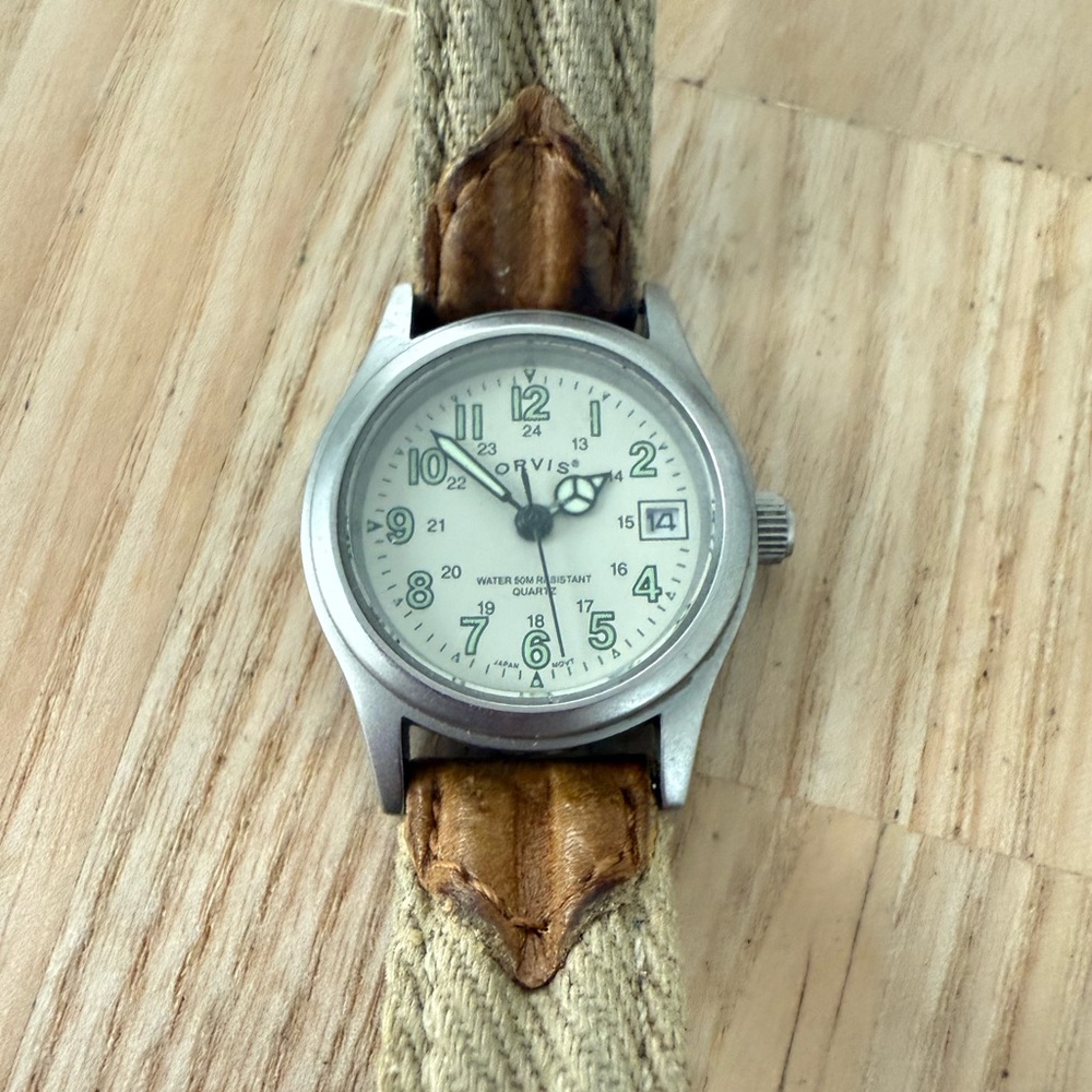 Vintage Orvis ladies silver tone canvas and leather field watch NEW BATTERY